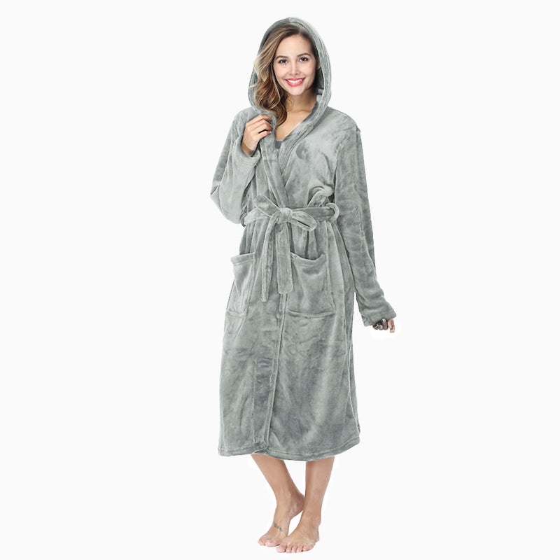 RONGTAI Womens Robes Plush Fleece Hooded Bathrobe Thick Nightgown with Pockets Fluffy Sleepwear (Large, Gray) - Image 4